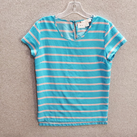 Kenar Women Top XS Blue Orange Striped Blouse Short Sleeve Keyhole Pullover - Picture 1 of 7